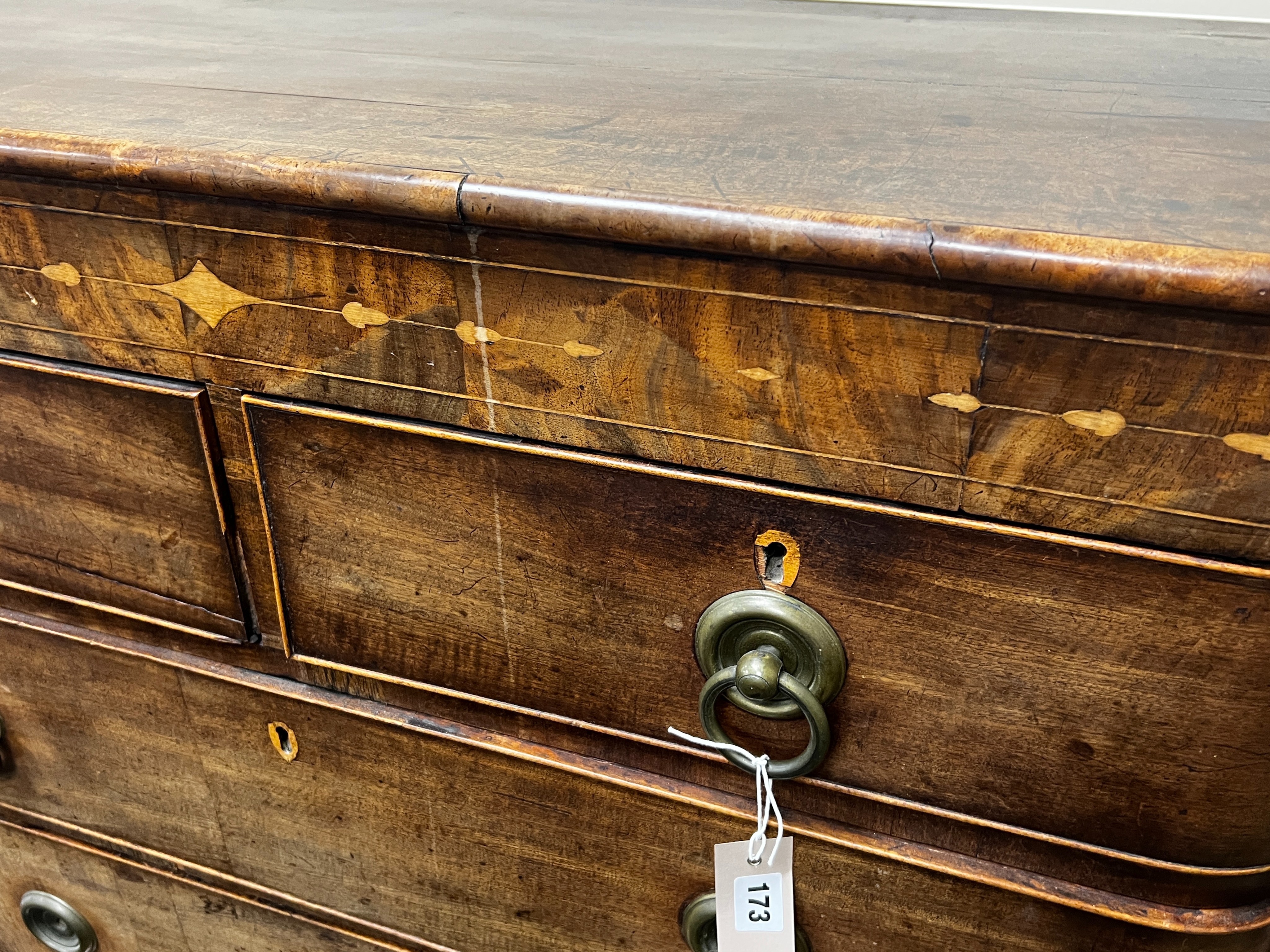 A Regency inlaid mahogany bow front chest, width 108cm, depth 48cm, height 115cm